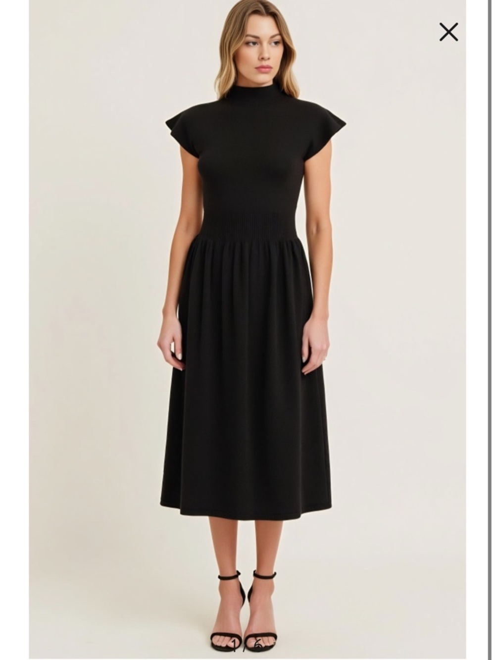 Scallop Edge Mock Neck Sleeveless Knit Midi Dress with Flared Skirt Black Size S